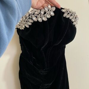 Black Velvet Crystal Strapless Gown w/ slit  - custom made